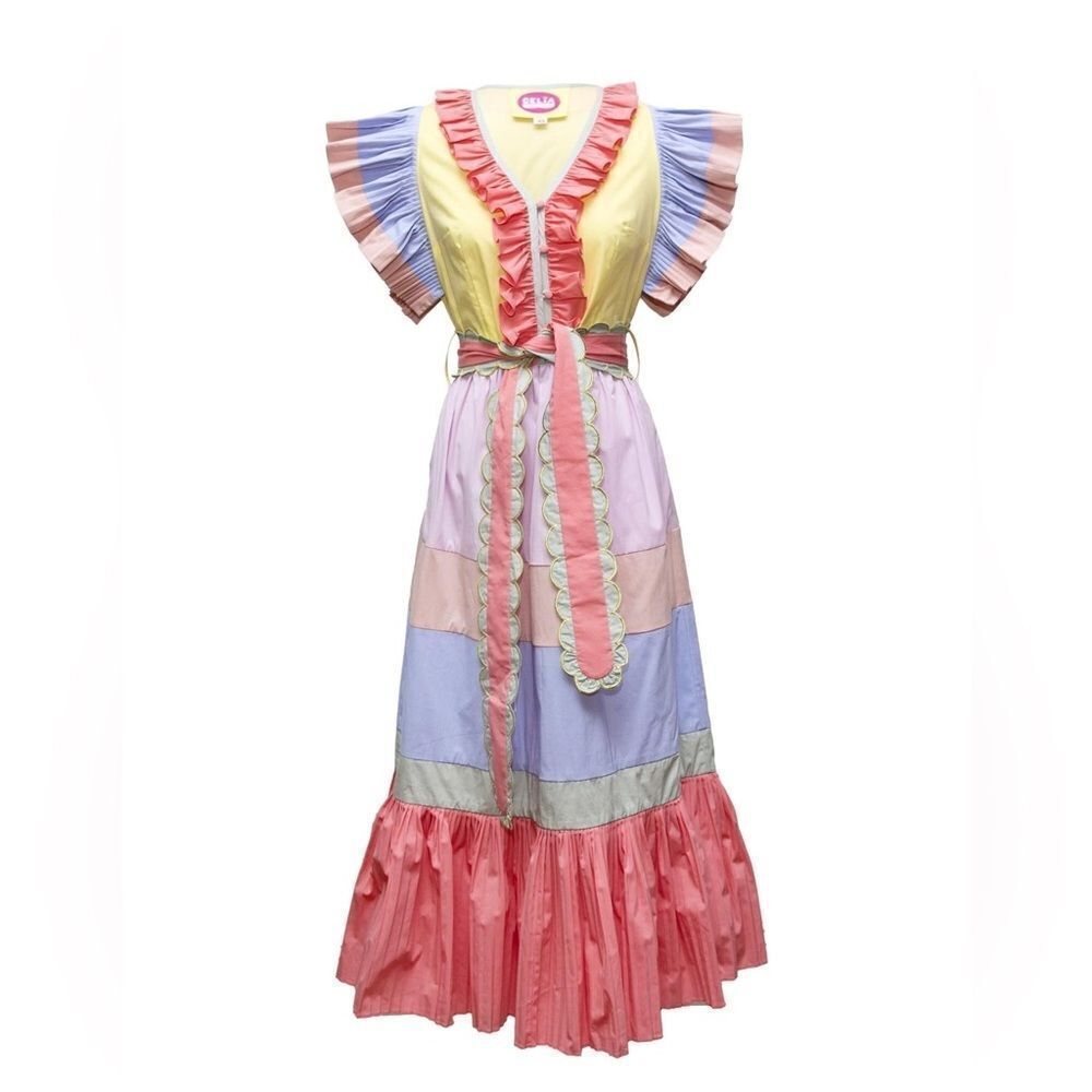 Celia B Marcellene Ruffled Pleated Scalloped Embroidered Midi Dress *Flaw Large - Picture 3 of 16